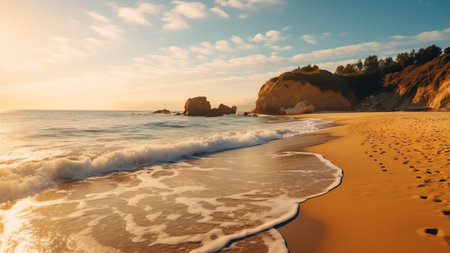Generative AI : Beautiful panorama of the nature of the Mediterranean coast with waves slowly rolling onto a beach with golden sandの素材