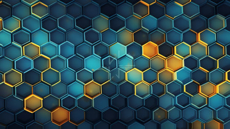 Generative AI : Beautiful background texture with repeating cell honeycomb and color transitions in brown blue and gold colorの素材