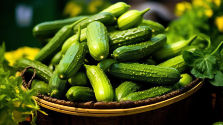 Generative AI : A lot of fresh beautiful young cucumbers in a white plastic bucket on the ground against a background of juicy green leaves harvesting of cucumbers in a greenhouseの素材