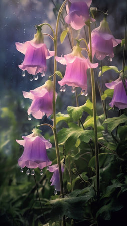 Generative AI : Beautiful bell flowers in nature in evening sunset closeup macro in in dark green and purple pink tones Gentle calm delightful artistic image of natureの素材