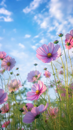 Generative AI : Beautiful pink cosmos flowers against the blue sky outdoors in nature closeupの素材