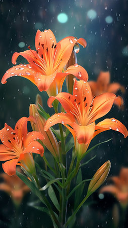 Generative AI : Beautiful flower of orange garden lily with dew drops in morning sunlight against background of blue water in summer in nature outdoors Flower after rainの素材