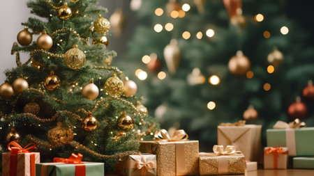 Generative AI : Beautiful elegant Christmas tree with Golden balls and gifts on defocused warm evening background of cozy home interior in golden green tonesの素材