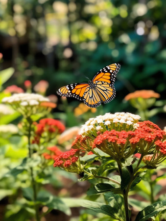 Generative AI : Beautiful image in nature of monarch butterfly on lantana flowerの素材
