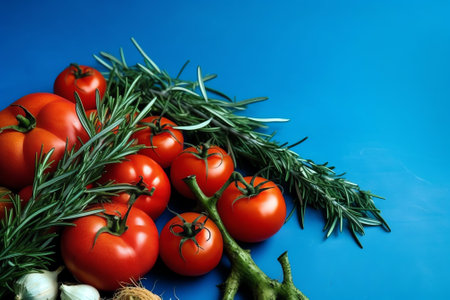 Generative AI : Branch of cherry tomatoes on fork top view Healthy food concept Colorful creative layout vegetables on blue white backgroundの素材