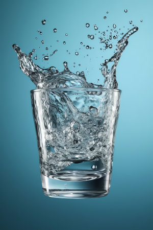 Generative AI : Clear pristine water is poured from the bottle into a glass beaker Water pours out from a crowded glass on a blue background Water is poured from a full Round glassの素材
