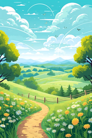Generative AI : Beautiful spring and summer landscape with forest trees path and flowers on background of blue sky with clouds on sunny day Panoramic view from the hill to nature iの素材