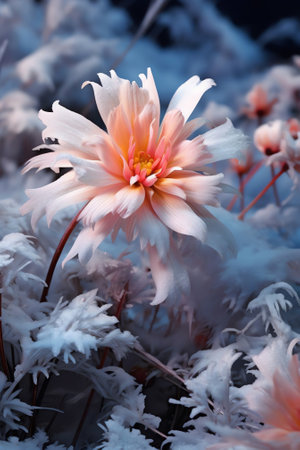 Generative AI : Beautiful autumn pink chrysanthemum flowers in the snow The first snowfall winter late autumn Closeup macro on a light backgroundの素材