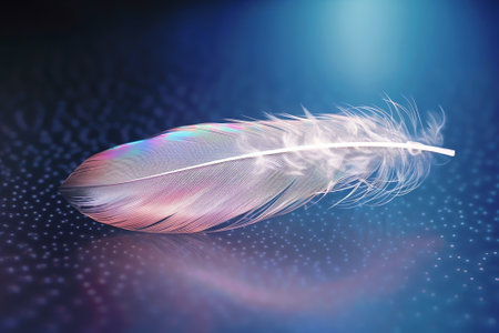 Generative AI : Beautiful clean transparent bright drop of water on feather in light blue and purple colors macro Tender image of beauty of environment and natureの素材