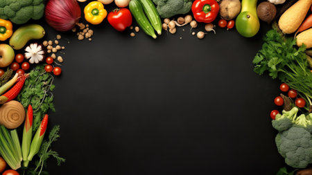 Generative AI : Creative bright colorful composition of organic vegetables on dark black textured marble table top view Flat lay in vintage style Food vegetables concept healthy eaの素材