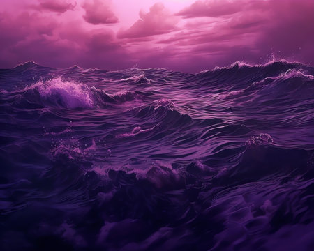 Generative AI : Beautiful wide format background image of marine nature at sunset on a summer day with original purple tintingの素材