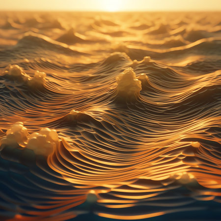 Generative AI : Beauty of sea nature of Mediterranean coast on warm summer evening Setting sun illuminates stormy waves with caps of foam rolling onto golden sandy beachの素材