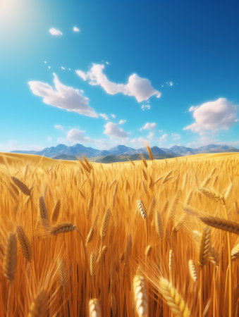 Generative AI : Beautiful summer rural natural landscape with ripe wheat fields blue sky with clouds in warm day Panoramic view of spacious hilly areaの素材