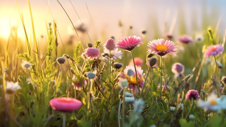Generative AI : Beautiful summer natural background with yellow pink flowers daisies clovers and dandelions in grass against of dawn morning Ultrawide panoramic landscape banner foの素材