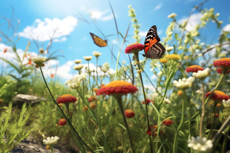 Generative AI : Bright colorful summer spring flower border Natural landscape with many orange lantana flowers and fluttering butterflies Lycaena phlaeas against blue sky on sunnyの素材