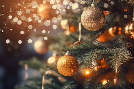 Generative AI : Christmas tree decorated with Golden balls toys on a blurred sparkling and fabulous fairy background with beautiful bokeh copy spaceの素材