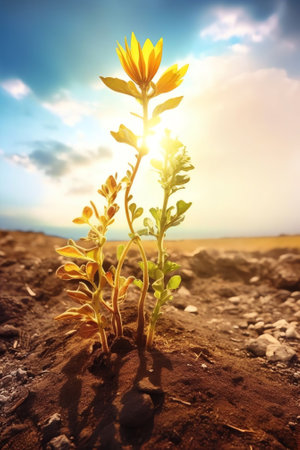 Generative AI : Concept of growing seeds of agricultural plants Three phases of growth of sprouts in the soil against the background of the sky with clouds closeup macroの素材