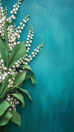 Generative AI : Creative floral summer spring composition Wreath frame made of white daisies lilies of valley maylily and blue bells Flowers on blue wooden background top view Flatの素材