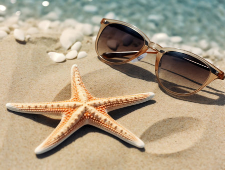 Generative AI : Concept of summer beach holiday Beach accessories sunglasses starfish yellow flipflops on sandy tropical beach against blue sky with clouds on bright sunny day Beauの素材