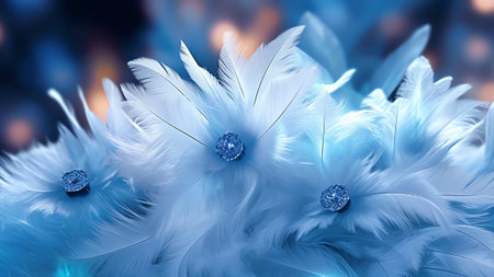 Generative AI : Gentle air white beautiful feathers with reflection on the background of bright glowing in blue tones Glowing Artistic image form flower from feathers for postcardの素材