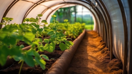Generative AI : Small greenhouse made of plastic pipes and spunbond with seedlings of cucumbers in the garden plotの素材