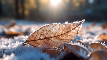 Generative AI : Frozen leaf in the grass outdoors in winter Beautiful textured orange and brown leaves in frost in sun closeup macroの素材