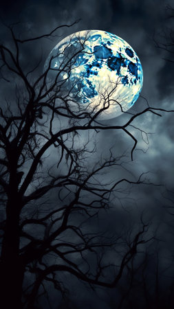 Generative AI : Night dark sky with full moon and branches toned blue Tree branches in the moonlight on a blue backgroundの素材