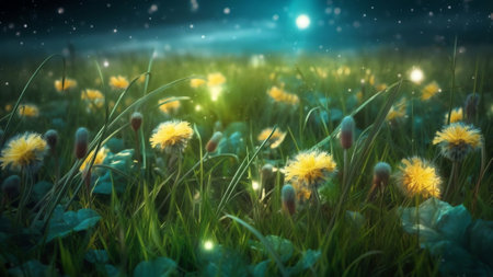 Generative AI : Floral summer spring background Yellow dandelion flowers closeup in a field on nature on a dark blue green background in evening at sunset Colorful artistic image fの素材