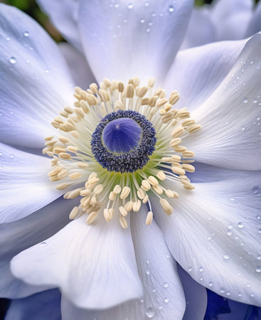 Generative AI : Beautiful white spring flower snowdrop anemone macro closeup on blue blurred background with a soft focus Spring floral background wallpaper greeting card Gentle roの素材