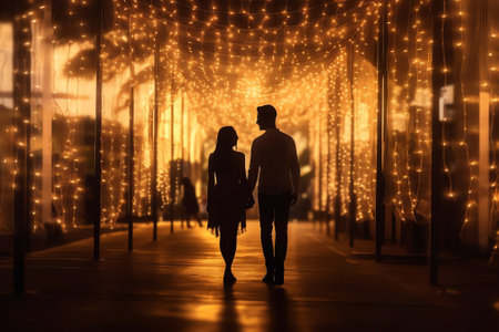 Generative AI : Silhouette of two lovers hugging in an atmospheric winter park with Christmas lights on trees in the evening Blurred defocused christmas imageの素材