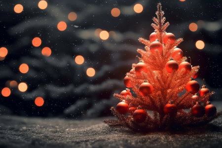 Generative AI : Christmas decorative composition with red stars on a Christmas tree garland and lights in darkt tones closeup soft focusの素材