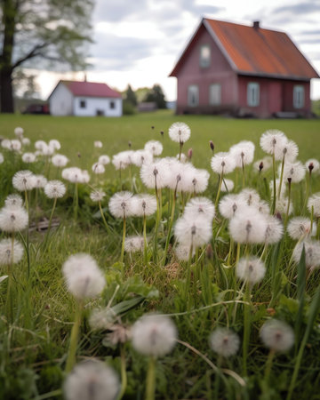 Generative AI : Many flowering dandelions on the lawn near the cottage in the summer in the sun A garden plot in the colors of a dandelion Background for summer holidays outside thの素材