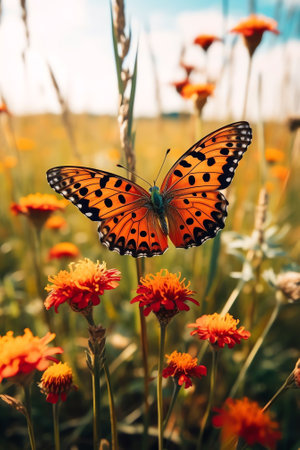 Generative AI : Yellow butterfly on red poppy flower in nature in blooming grass closeup macroの素材
