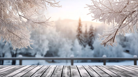 Generative AI : Winter christmas scenic background landscape in sunny day Empty wooden flooring stage platform white birch branches covered snow in forest on nature soft focus copyの素材