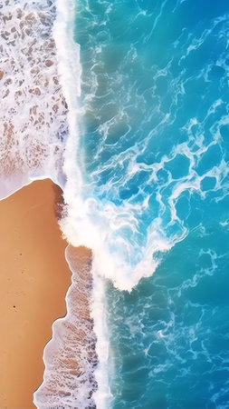 Generative AI : Soft waves with foam blue ocean sea on a golden sunny sandy beach in resort on summer vacation rest The symbol of the sun drawing on the sand Background close upの素材