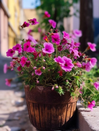 Generative AI : Pink petunia flowers in flowerpots on a background of a garden plot in spring or summer in sunlightの素材