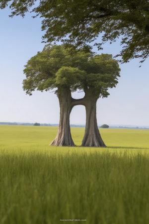 Generative AI : Two tall poplar trees with a green crown of foliageの素材