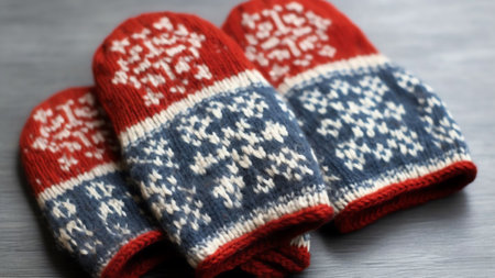 Generative AI : Real natural snowflake in winter sparkles on a blue knitted mitten with a copy spaceの素材