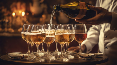 Generative AI : The waiter at the restaurant pours a white wine into the wineglass Two wineglass and a bottle of wine selective focusの素材