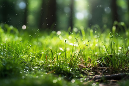 Generative AI : Juicy young green grass in a forest clearing Natural spring summer background with shallow depth of field and bokeh Ultra wide formatの素材