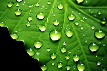 Generative AI : Water drops on green leaf in rays of sun closeup macro Raindrops on textured leaf in natureの素材