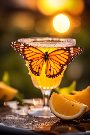 Generative AI : A tall beautiful glass with pure clean natural mineral water and an orange butterfly against a green lawn background closeup macroの素材