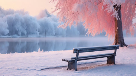 Generative AI : Beautiful natural evening panorama snowcovered city park with frostcovered trees benches and frozen pond on sunset in pink colorsの素材