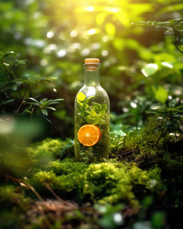 Generative AI : A tall beautiful glass with pure clean natural mineral water and an orange butterfly against a green lawn background closeup macro outdoors on nature in sun rays ofの素材
