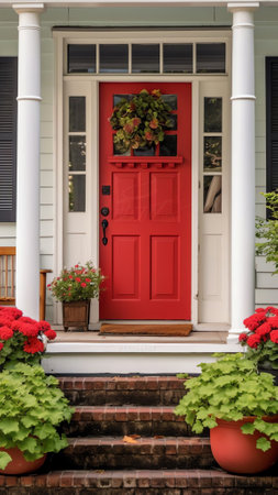 Generative AI : Beautiful bright red and yellow flowers in white pots on porch steps of cottage on background of lawn and yard Soft selective focusingの素材