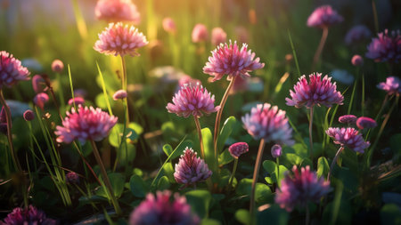 Generative AI : Beautiful spring summer background with wild meadow grass and clover flowers in the rays of sunset Clover flowers closeup macro in nature on a natural background soの素材