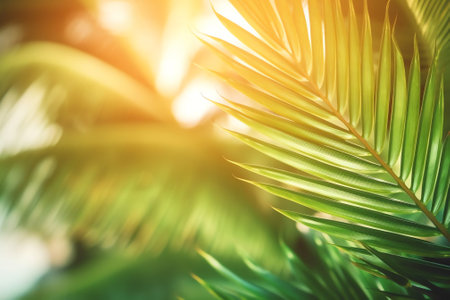 Generative AI : Beautiful natural background border with fresh juicy light green foliage of fern in sunlight in spring summer and defocused bokeh outdoors in nature panorama copy sの素材