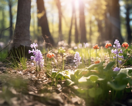 Generative AI : Spring glade in forest with flowering pink and purple hyacinths in sunny day in nature Colorful natural spring landscape with with flowers soft selective focusの素材