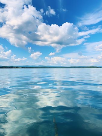 Generative AI : Beautiful natural landscape of a river flowing into the sea against a blue sky with cloudsの素材