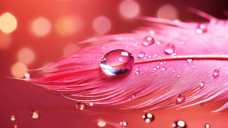 Generative AI : Beautiful large dew drop or rain water on the poultry feather closeup with reflection Blurred soft background in light pink and purple color macro A dreamy artisticの素材